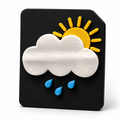 A 3D tactile sun and showers weather symbol on black high contrast tile. Showing a raised cloud with hail for sensory learning, tactile discrimination for blind, CVI and visually impaired 