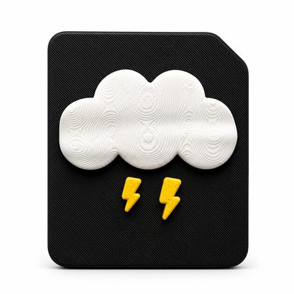 A 3D tactile storm weather symbol on black high contrast tile. Showing a raised cloud with lightning for sensory learning, tactile discrimination for blind, CVI and visually impaired 