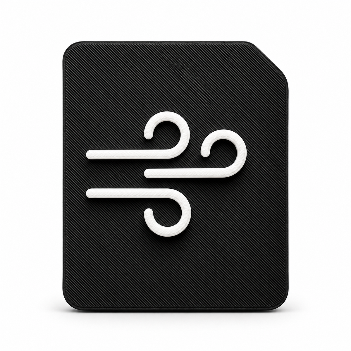 A 3D tactile wind weather symbol on black high contrast tile. Showing curved, raised wind lines for sensory learning, tactile discrimination for blind, CVI and visually impaired 