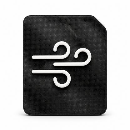 A 3D tactile wind weather symbol on black high contrast tile. Showing curved, raised wind lines for sensory learning, tactile discrimination for blind, CVI and visually impaired 