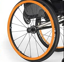 Wheelchair showing 22" bright orange silicone push rim cover.