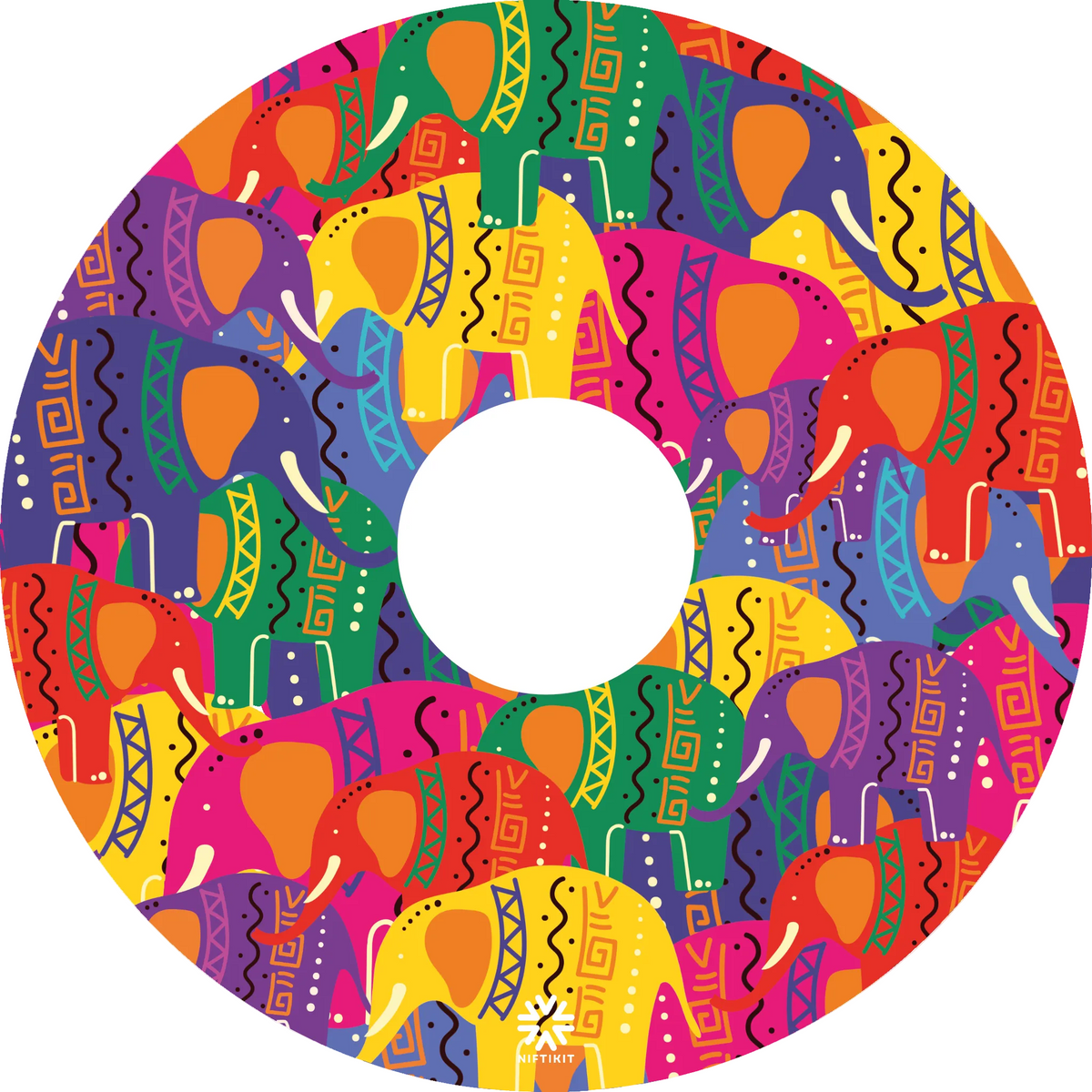 Pop Art Rainbow Elephant wheelchair spoke guard with central cut out, showing bright pink, yellow, orange, purple and green elephant pattern by Niftikit.