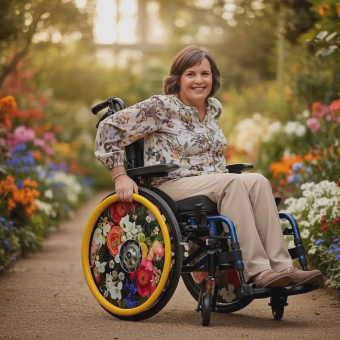 Woman using a wheelchair with Niftikit Forever Flowers wheelchair wheel covers featuring a colourful floral design. Reversible wheelchair wheel covers shown in a vibrant flower garden setting.