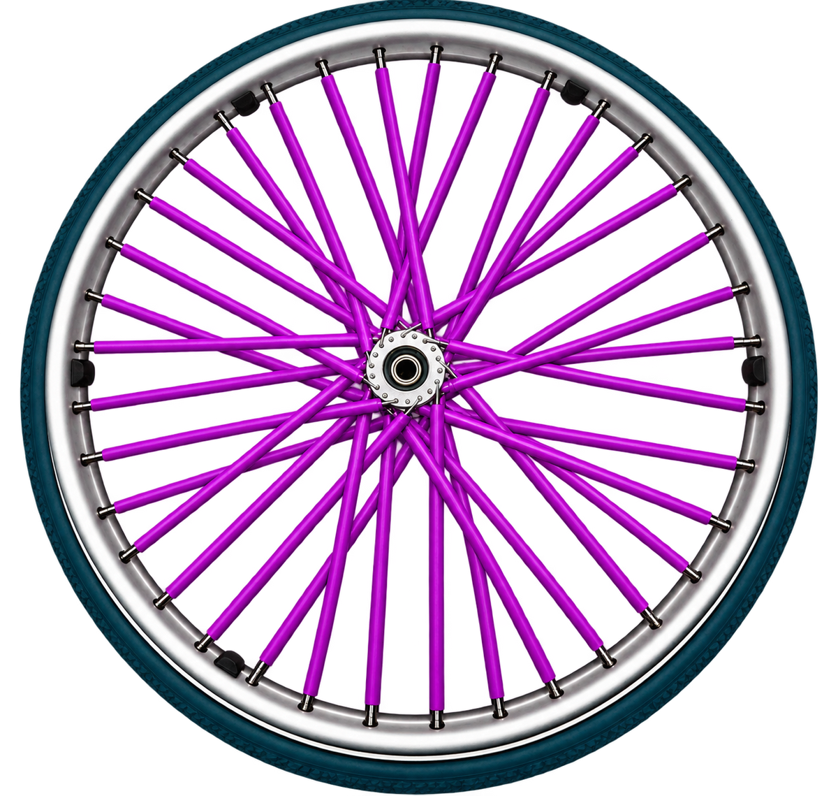 Purple wheelchair spoke covers fitted to the spokes of a wheelchair wheel.