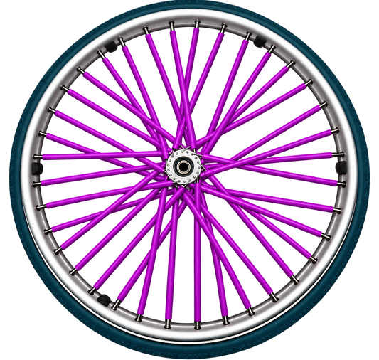 Purple wheelchair spoke covers fitted to the spokes of a wheelchair wheel.