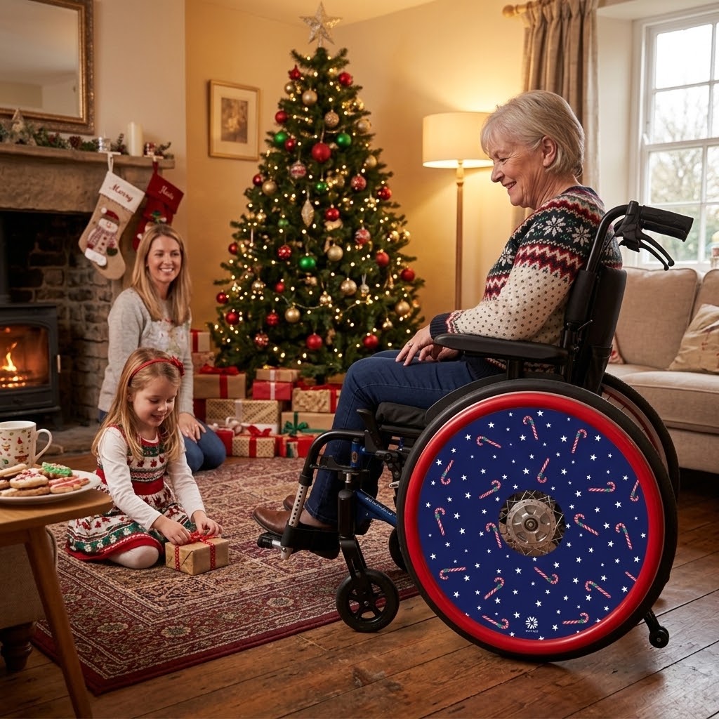 A woman in a wheelchair which features a festive spoke guard, wearing a festive Christmas sweater smiles while sitting in a cozy living room decorated for Christmas. A young girl sits on a patterned rug next to her, near a fireplace and a decorated Christmas tree.