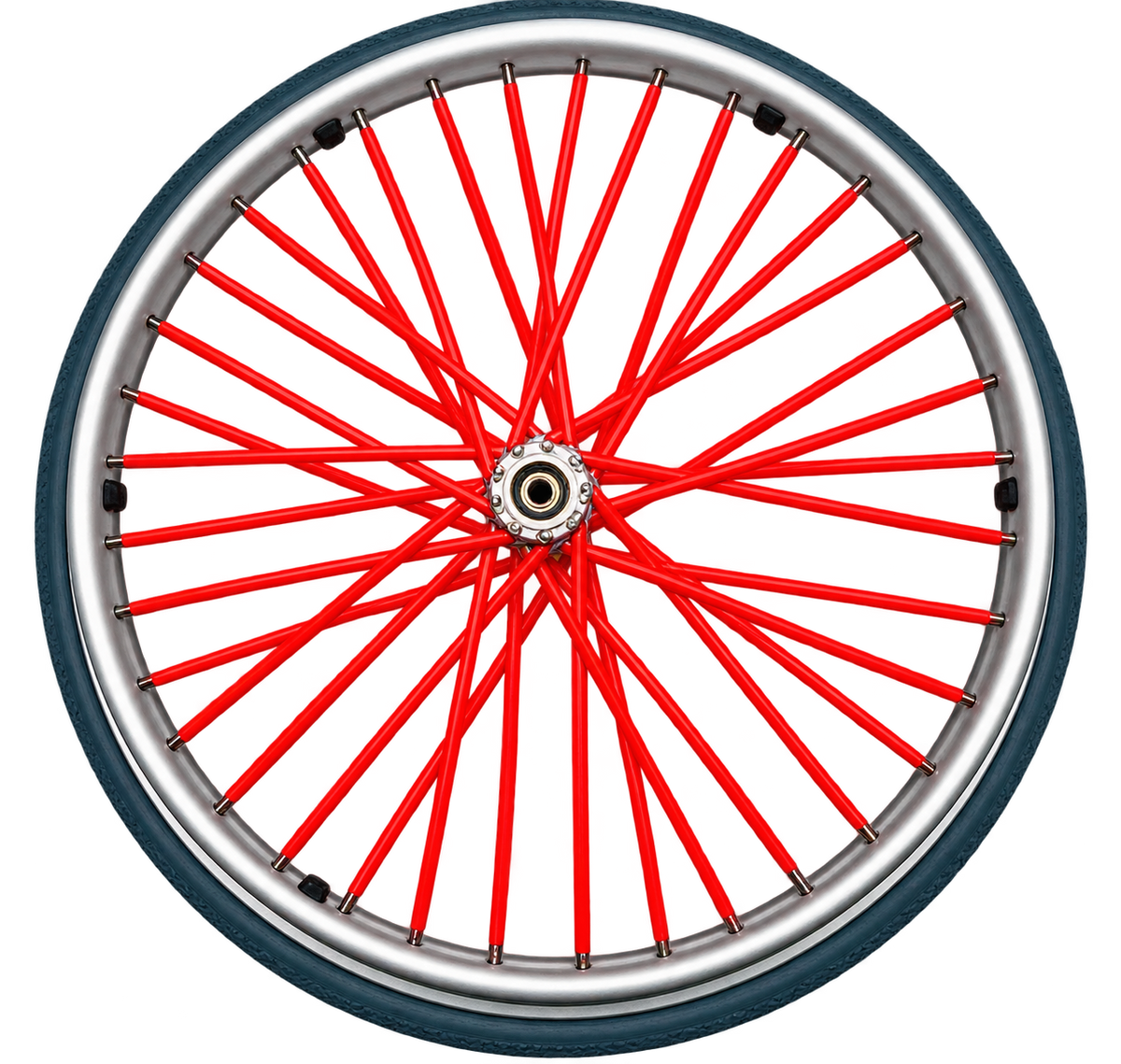 Red wheelchair spoke covers fitted to the spokes of a wheelchair wheel.