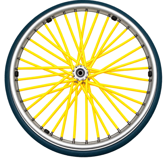 Sunshine yellow wheelchair spoke covers fitted to the spokes of a wheelchair wheel.