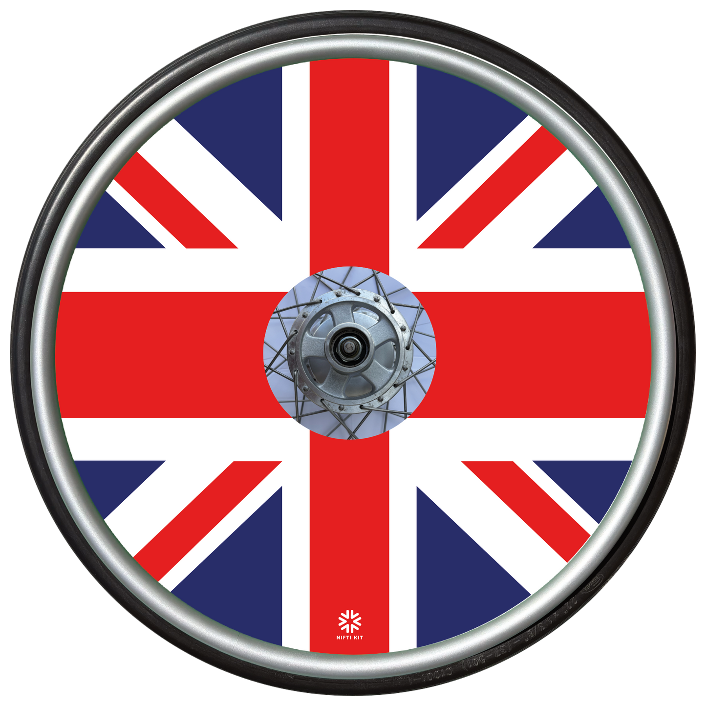 Wheelchair wheel with Union Jack design on a white background