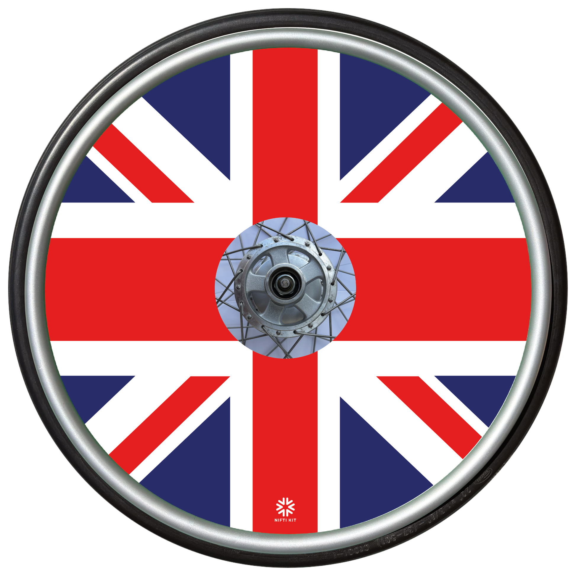 Wheelchair wheel with Union Jack design on a white background