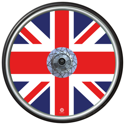 Wheelchair wheel with Union Jack design on a white background