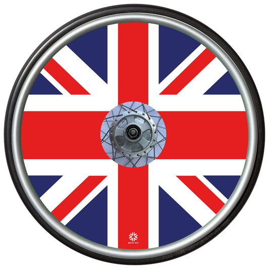 Wheelchair wheel with Union Jack design on a white background