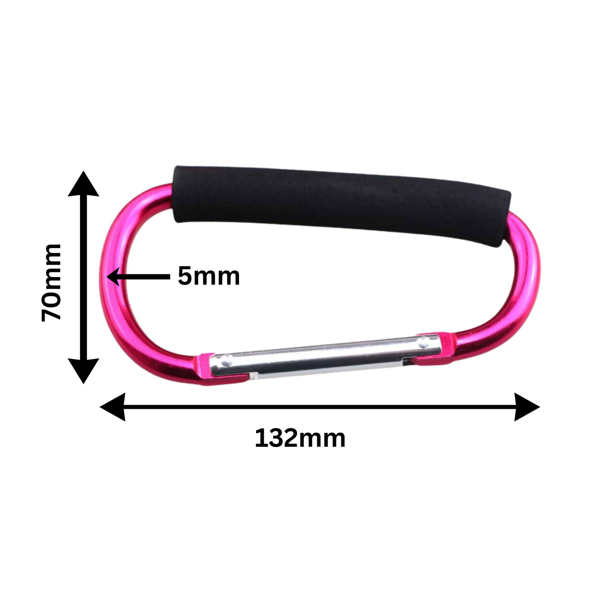 Large 132mm pink carabiner with black foam and measurements on a white background