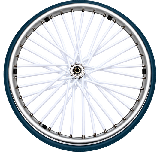 White wheelchair spoke covers fitted to the spokes of a wheelchair wheel.